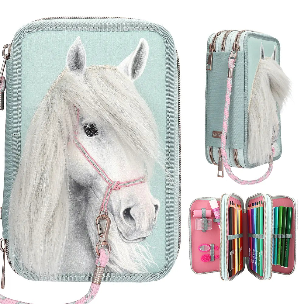 Miss Melody Horse Head Triple Pencil Case - Sage Green