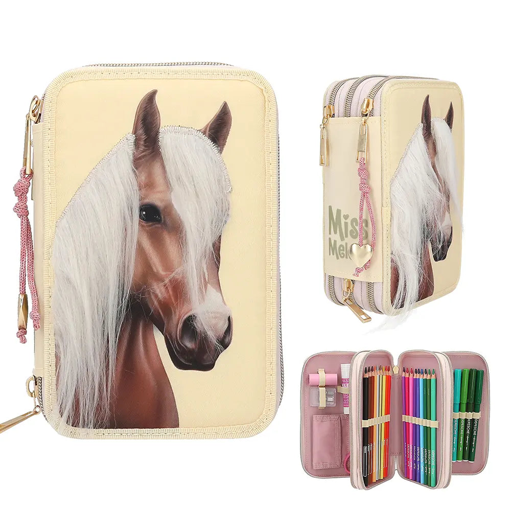 Miss Melody Horse Head Triple Pencil Case - Light Yellow