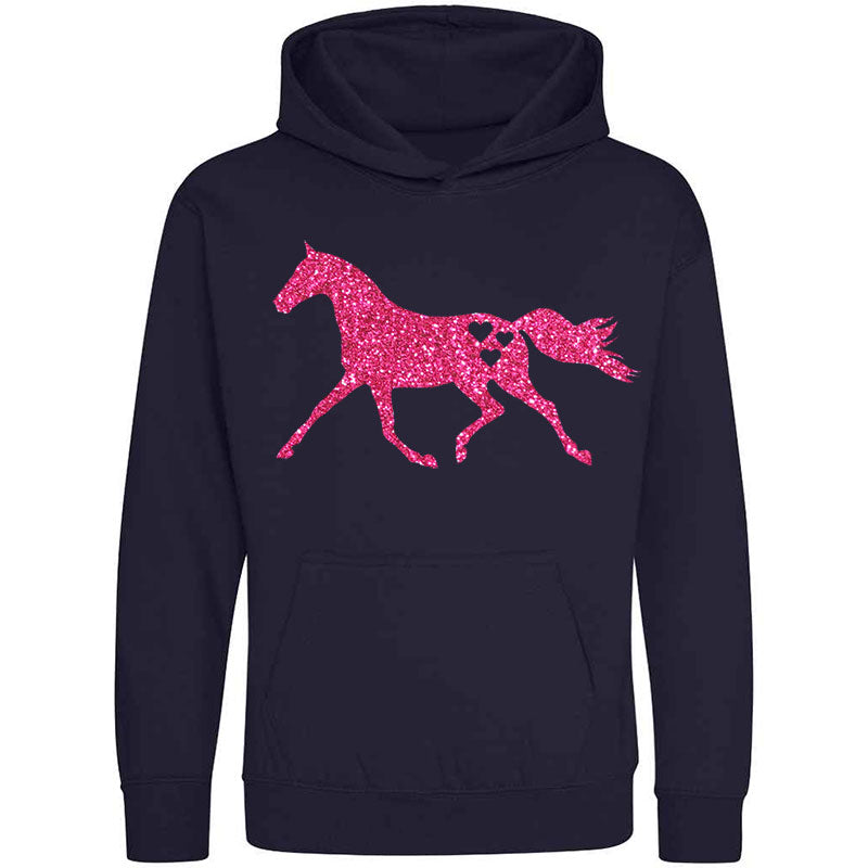 Glitter Heart Horse Children's Hoodie Navy Pink